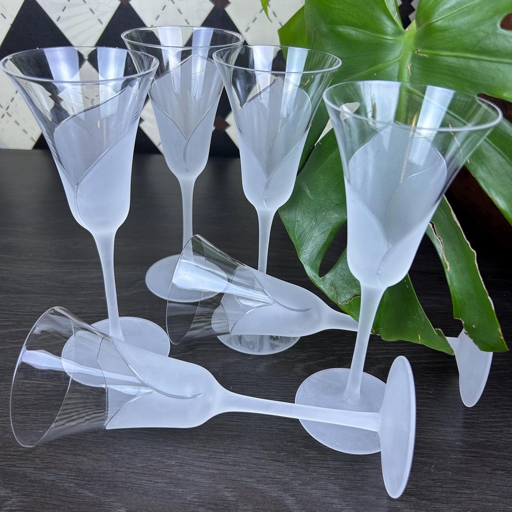 Vintage Sasaki Hana Flutes Frosted Floral Stem Champagne Glasses Set 6 Celestial - Picture 3 of 17